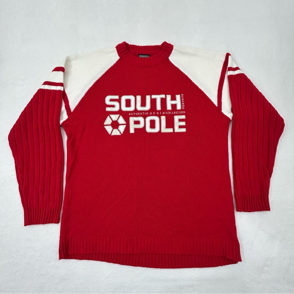 Vintage South Pole Authentic Collection Red & White Crewneck Knit Sweater Men XL